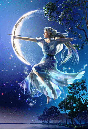 blue themed maiden shooting a bow and arrow by the moon