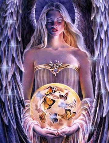 maiden holding a mysterious orb filled with butterflies